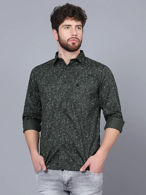 Cantabil Cotton Printed Green Full Sleeve Casual Shirt for Men with Pocket