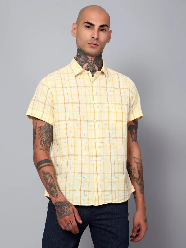 Cantabil Men Yellow Half Sleeves Checkered Casual Shirt