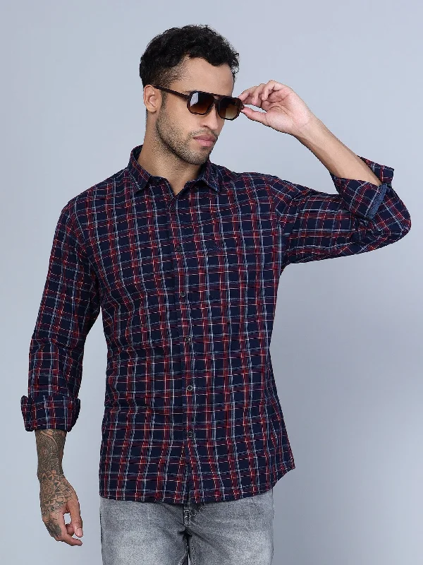 Cantabil Cotton Checkered Maroon Full Sleeve Casual Shirt for Men with Pocket