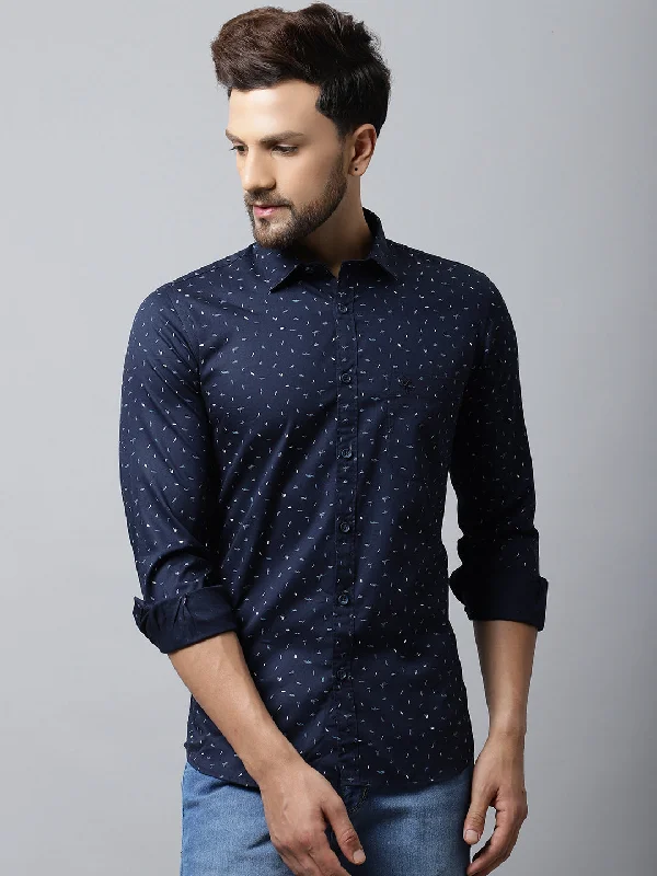 Cantabil Cotton Printed Navy Blue Full Sleeve Casual Shirt for Men with Pocket