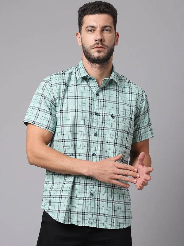 Cantabil Cotton Checkered Green Half Sleeve Casual Shirt for Men with Pocket