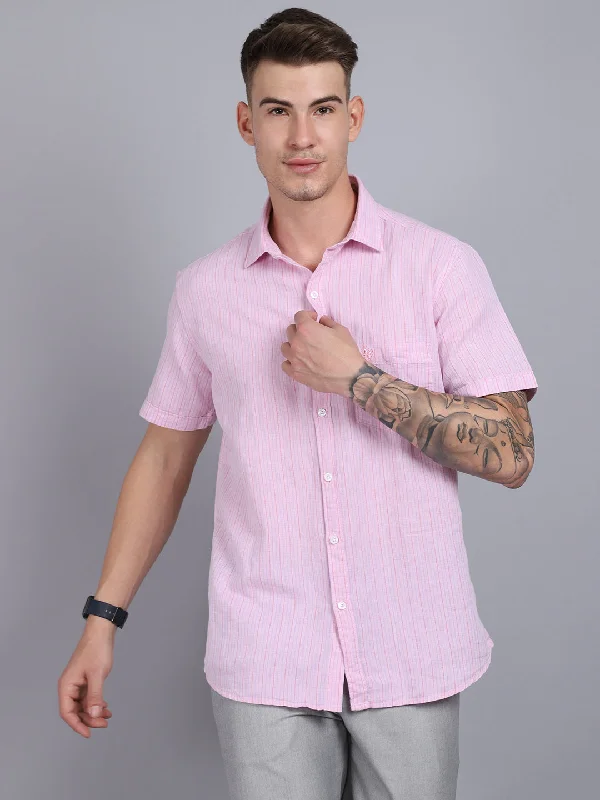 Cantabil Men Cotton Blend Striped Pink Half Sleeve Casual Shirt for Men with Pocket