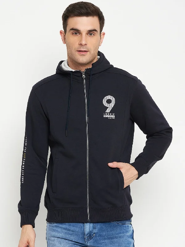 Cantabil Typography Printed Navy Blue Full Sleeves Hooded Neck Regular Fit Casual Sweatshirt for Men