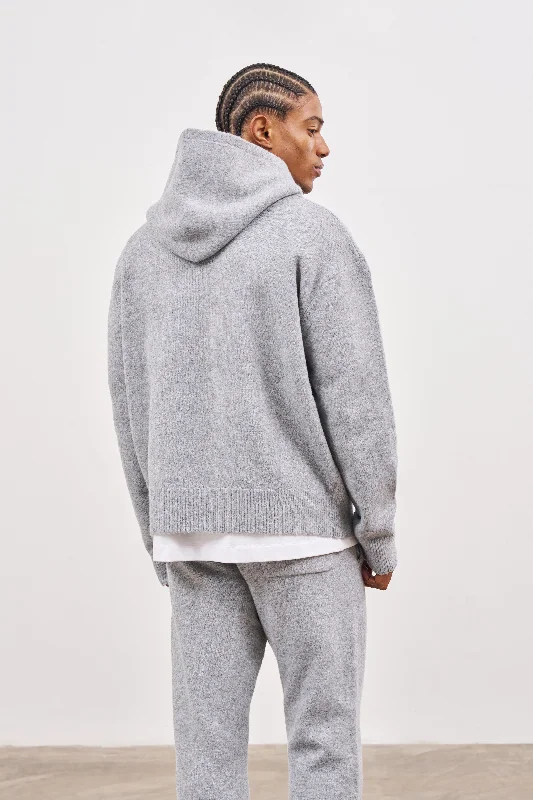 FLUFFY KNIT EMBLEM HOODIE - GREY MARL