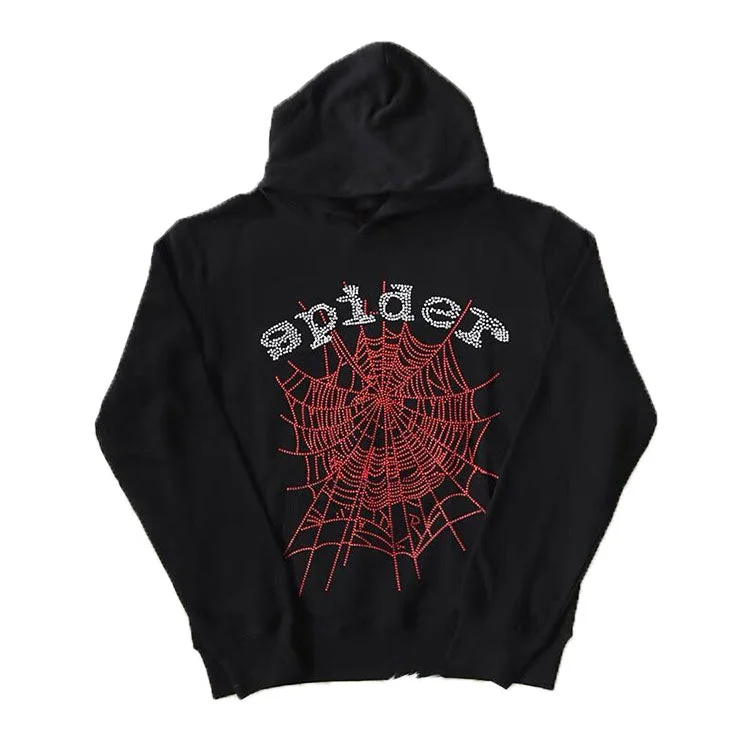 HUILI FACTORY streetwear hip hop letter spider web loose pullover men custom rhinestones hoodie