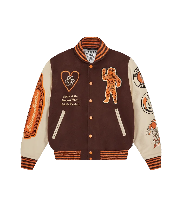 LEATHER SLEEVE GALAXY VARSITY JACKET - BROWN