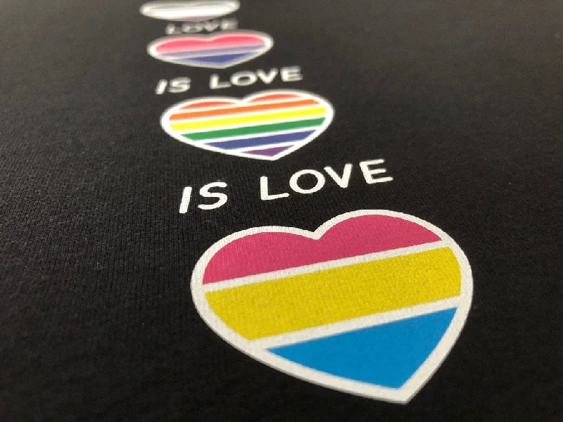 Love Is Love Is Love Hoodie, Gay Pride Hearts Gift Idea, LGBTQ+ Flags in Hearts Hooded Sweatshirt Hoody