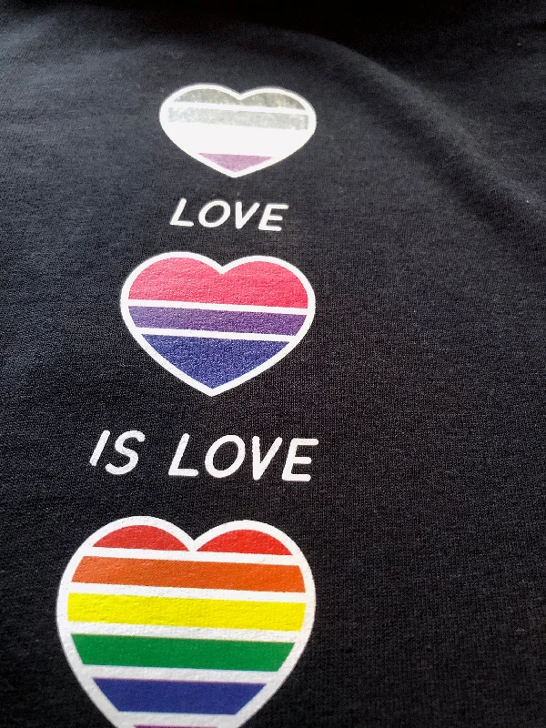 Love Is Love Is Love Hoodie, Gay Pride Hearts Gift Idea, LGBTQ+ Flags in Hearts Hooded Sweatshirt Hoody