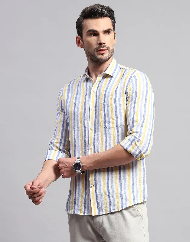 Men Blue Stripe Collar Neck Full Sleeve Shirt