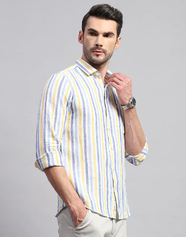 Men Blue Stripe Collar Neck Full Sleeve Shirt