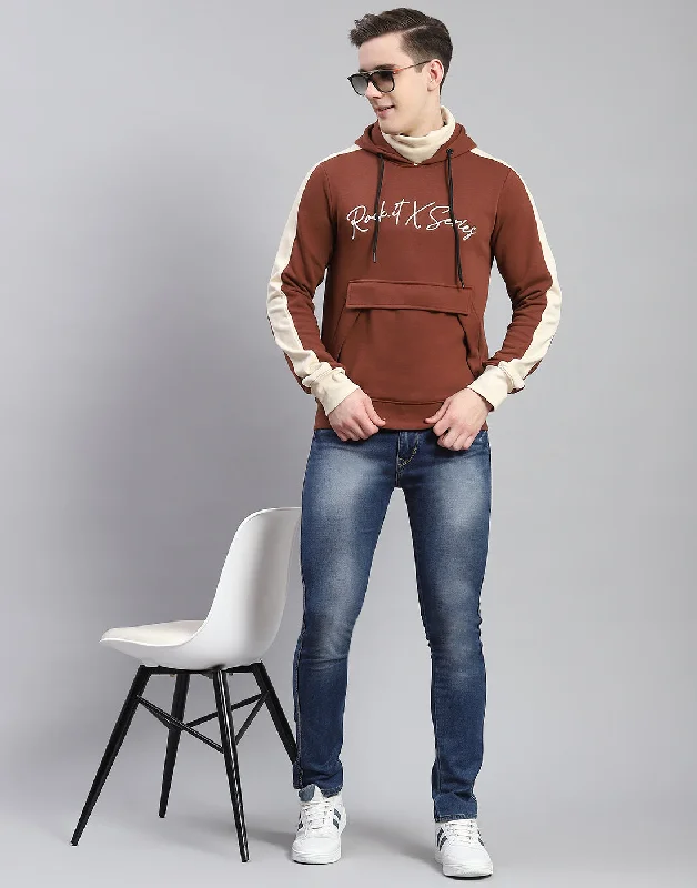 Men Brown Solid Hooded Full Sleeve Sweatshirt