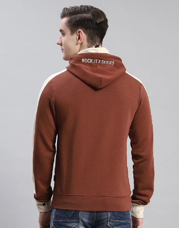 Men Brown Solid Hooded Full Sleeve Sweatshirt