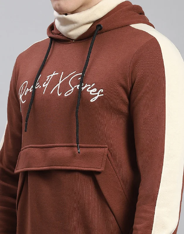 Men Brown Solid Hooded Full Sleeve Sweatshirt