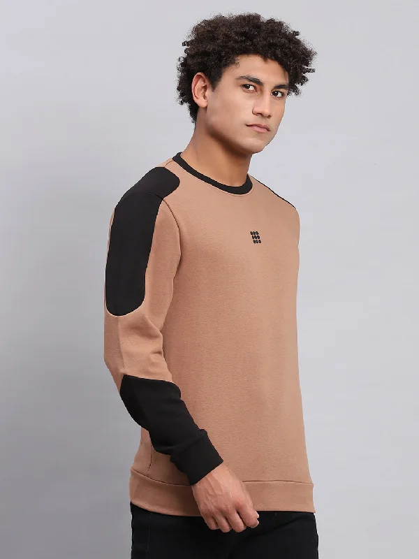 Men Brown Solid Round Neck Full Sleeve Sweatshirt