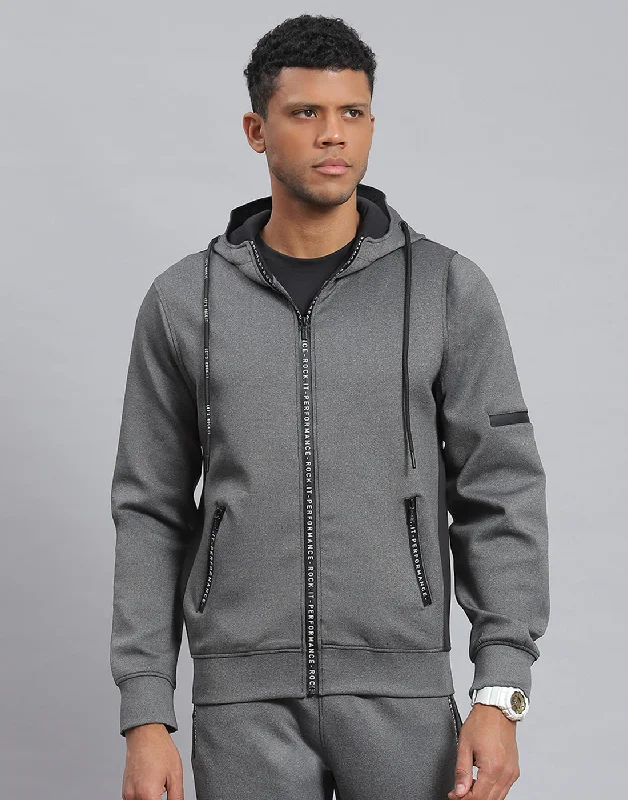 Men Grey Solid Hooded Full Sleeve Sweatshirt