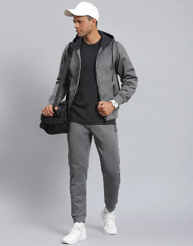 Men Grey Solid Hooded Full Sleeve Sweatshirt