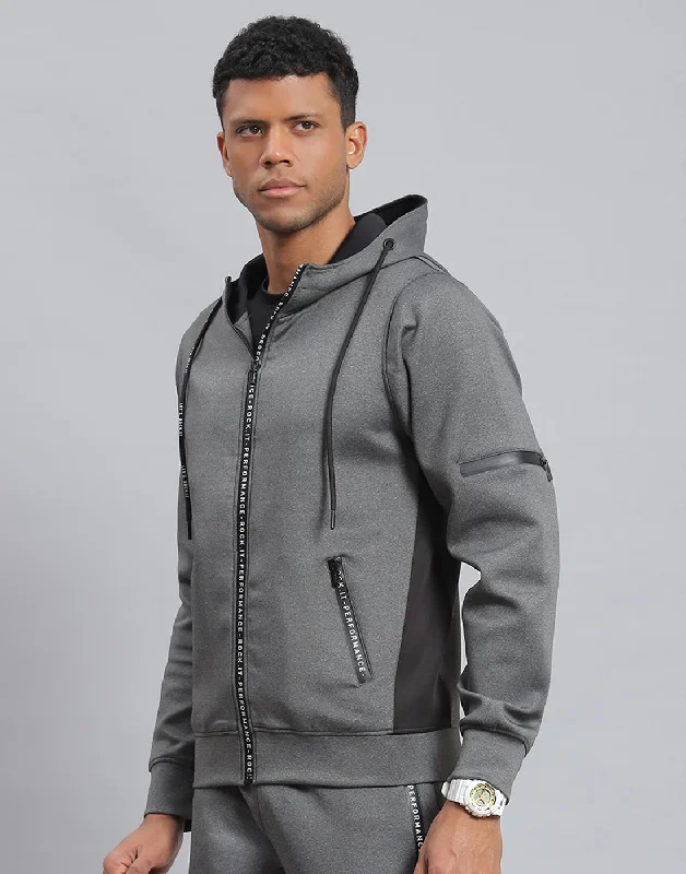 Men Grey Solid Hooded Full Sleeve Sweatshirt