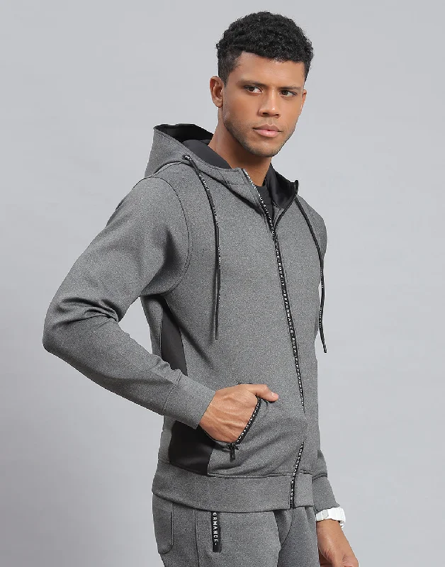 Men Grey Solid Hooded Full Sleeve Sweatshirt