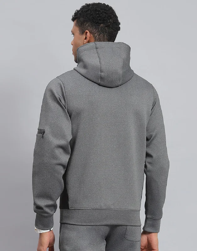 Men Grey Solid Hooded Full Sleeve Sweatshirt