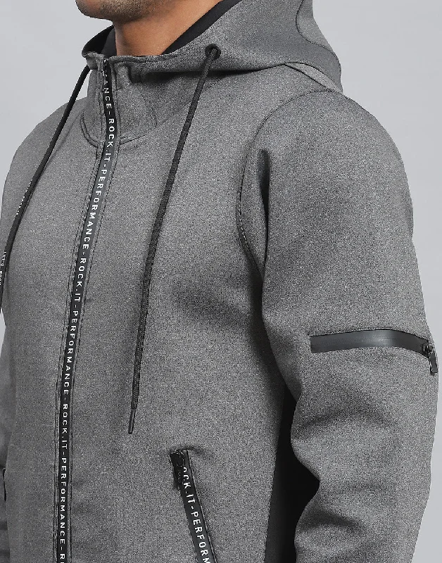 Men Grey Solid Hooded Full Sleeve Sweatshirt