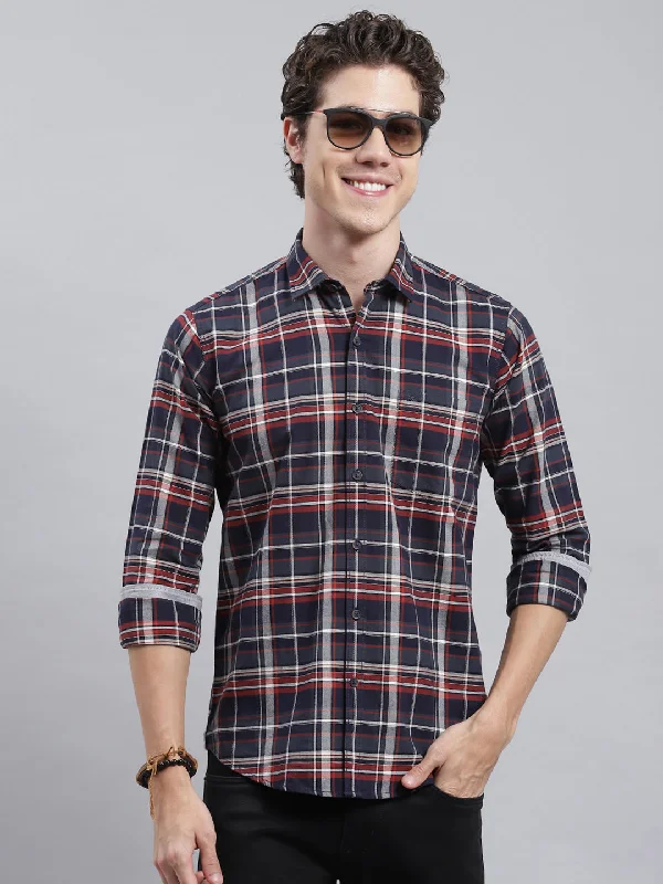 Men Navy Blue Check Shirt