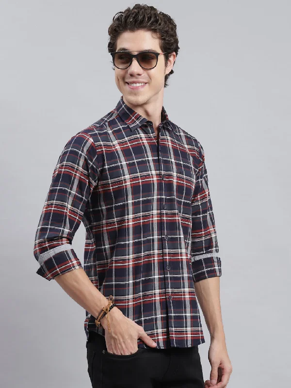 Men Navy Blue Check Shirt