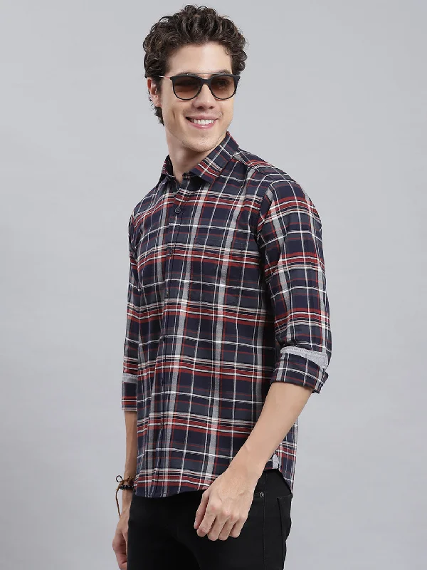 Men Navy Blue Check Shirt