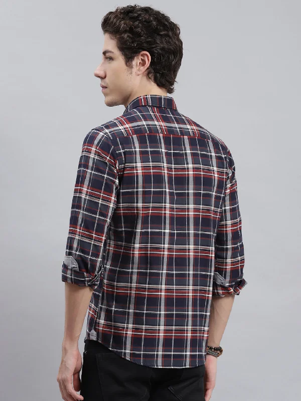 Men Navy Blue Check Shirt