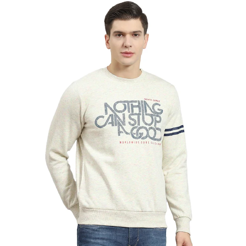 Men Off White Printed Round Neck Full Sleeve Sweatshirt