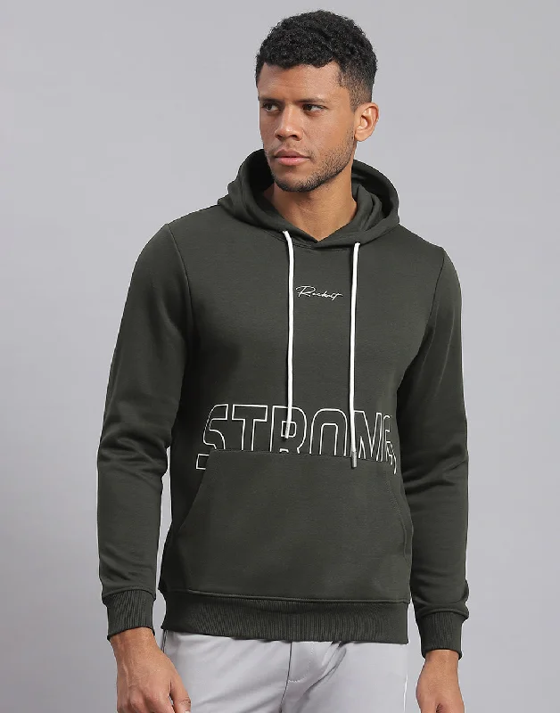 Men Olive Printed Hooded Full Sleeve Sweatshirt