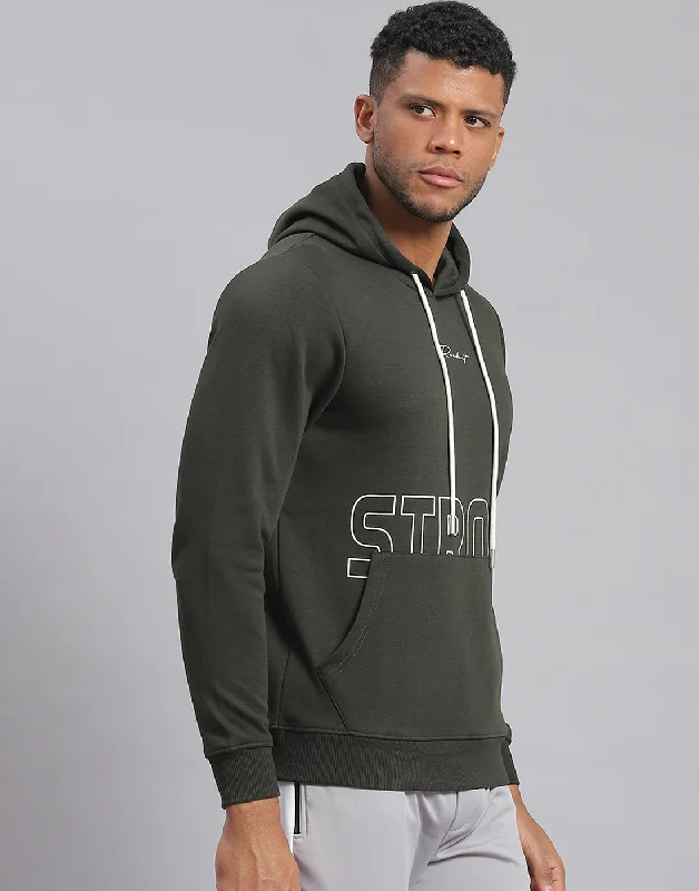 Men Olive Printed Hooded Full Sleeve Sweatshirt