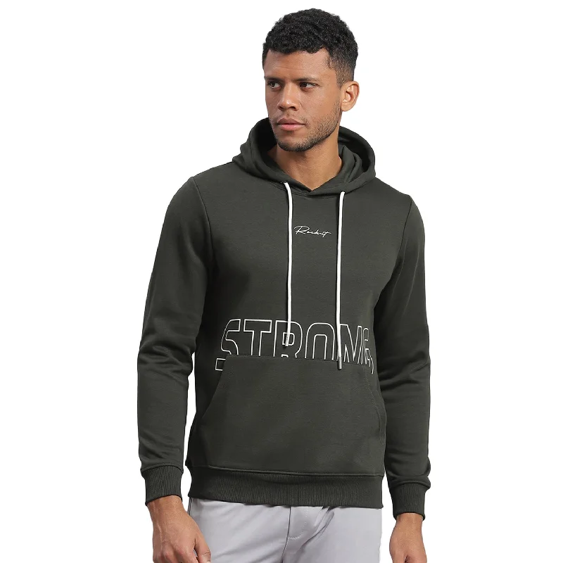 Men Olive Printed Hooded Full Sleeve Sweatshirt