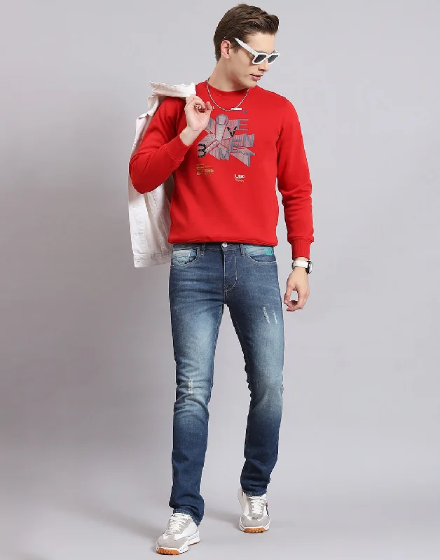 Men Red Printed Round Neck Full Sleeve Sweatshirt