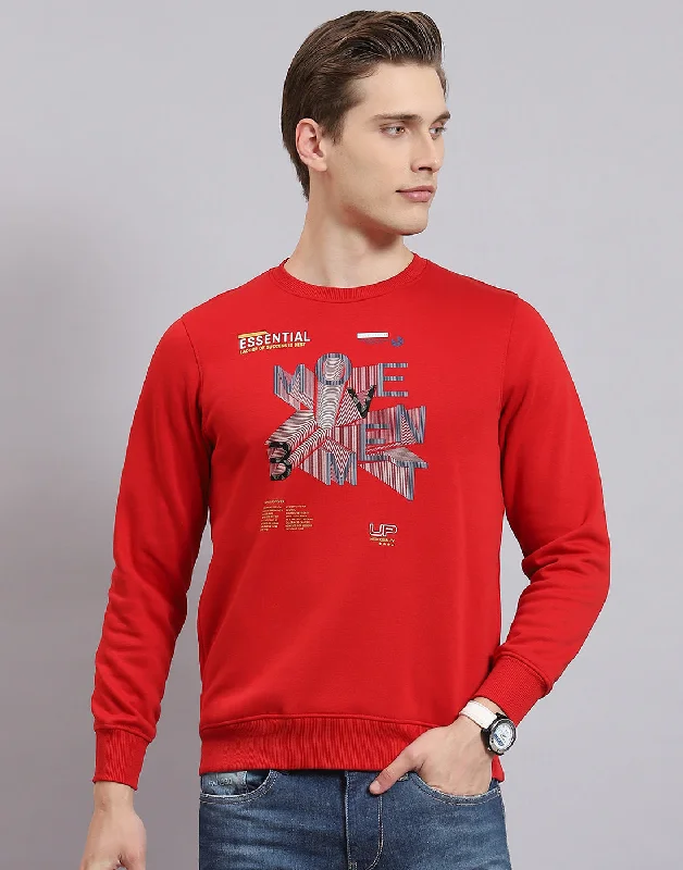 Men Red Printed Round Neck Full Sleeve Sweatshirt