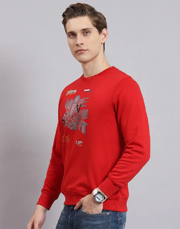 Men Red Printed Round Neck Full Sleeve Sweatshirt