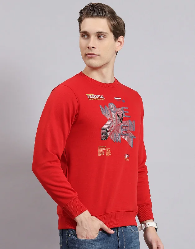 Men Red Printed Round Neck Full Sleeve Sweatshirt