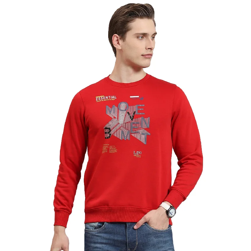 Men Red Printed Round Neck Full Sleeve Sweatshirt