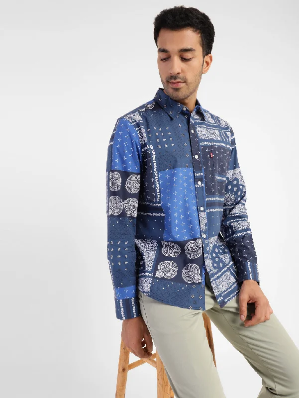 Men's Ethnic Motifs Slim Fit Shirt Blue