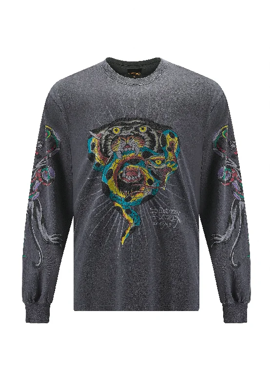 Mens Panther & Snake Battle Long Sleeve Tshirt - Charcoal