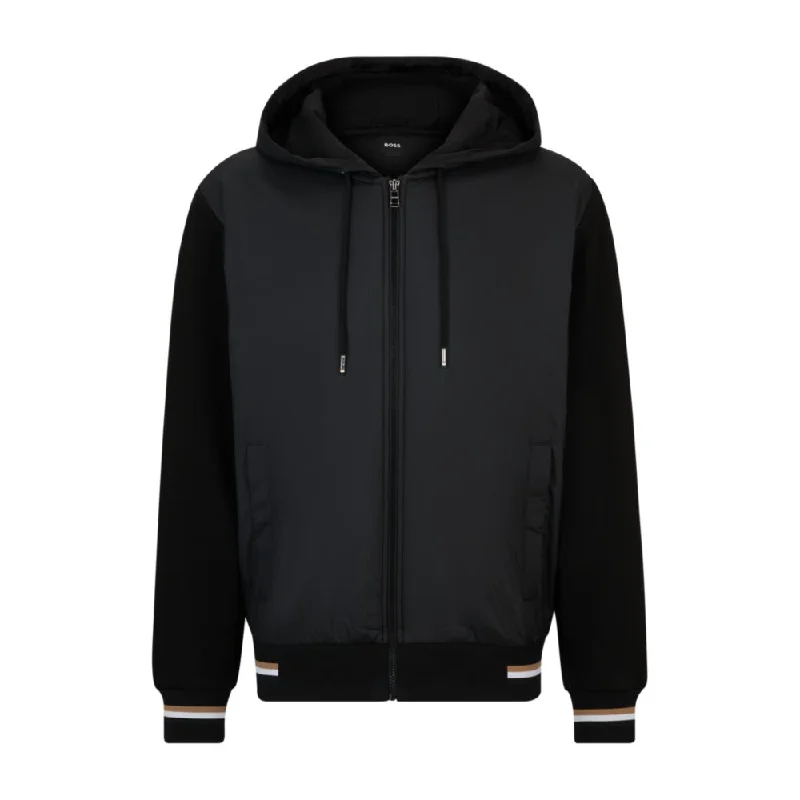 Mixed-material zip-up hoodie with signature-stripe trims