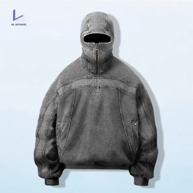 Monster factory wholesale vintage blank hooded custom men acid wash full face zip up hoodie with eye holes