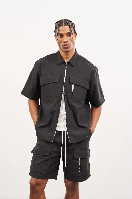 TECHNICAL HEAVYWEIGHT ZIP OVERSHIRT - BLACK