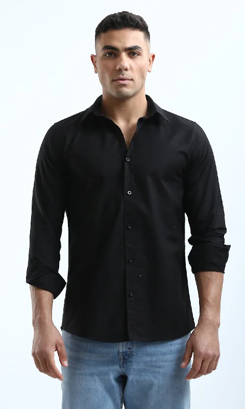 O188530 Solid Long Sleeves Casual Black Buttoned Shirt