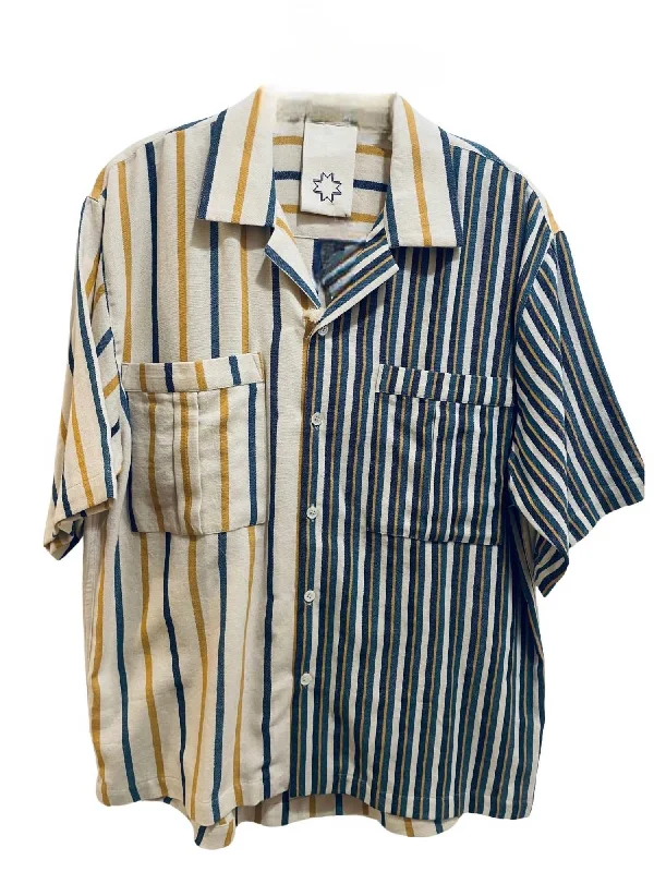 Pleated Pocket Camp Shirt In Marine,tumeric,sand