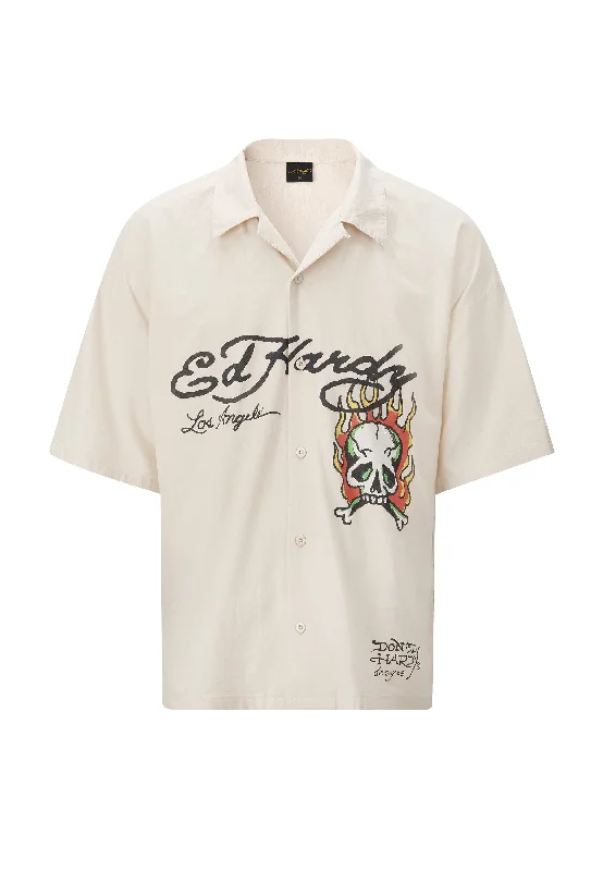 Mens Skull-Flames Camp Shirt - Ecru