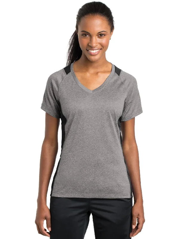 Sport-Tek Ladies Heather Colorblock Contender V-Neck Tee