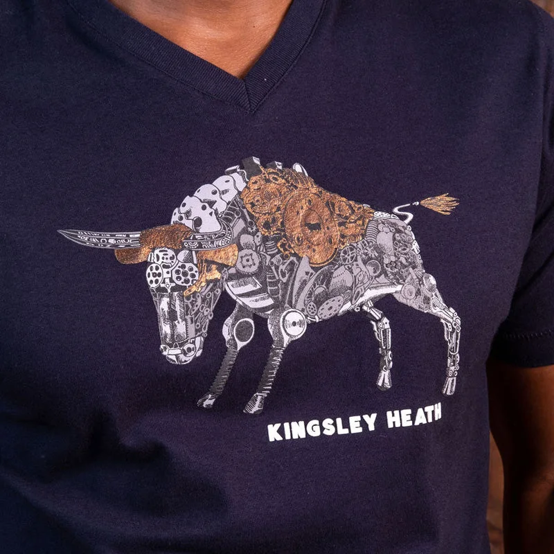 Steampunk Nguni Bull V-Neck Tee Midnight