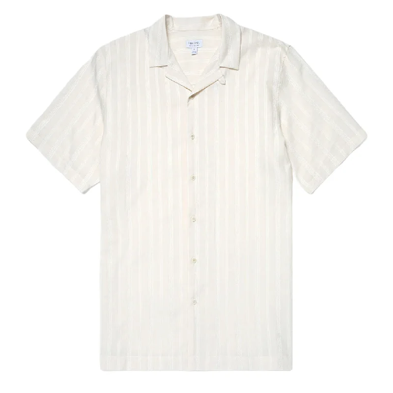 Sunspel Embroidered Stripe Camp Collar Shirt Ecru